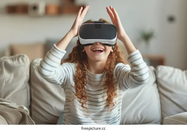 Little red-haired girl playing with a virtual reality headset