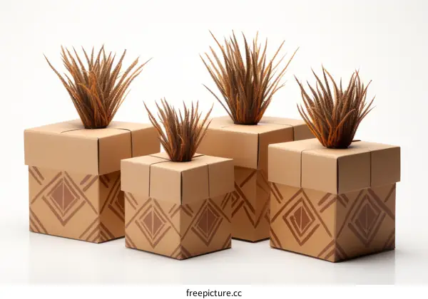 Four Closed Cardboard Boxes with Plants Growing Out
