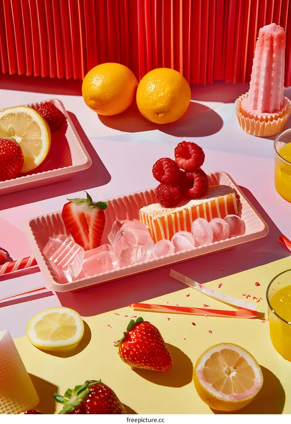 Summer Fruit Dessert Still Life With Ice Cubes And Pink Straws