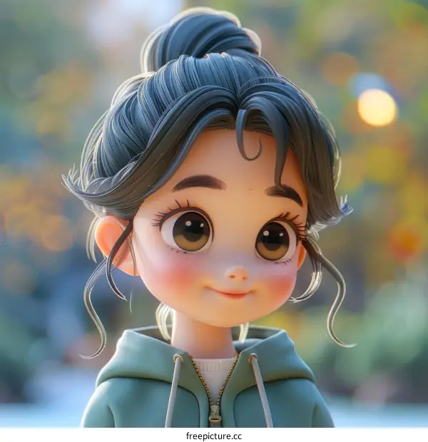 Cute Cartoon Girl with Big Eyes and a Bun Hairstyle