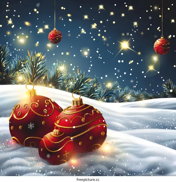 Red Christmas balls on a snowy background