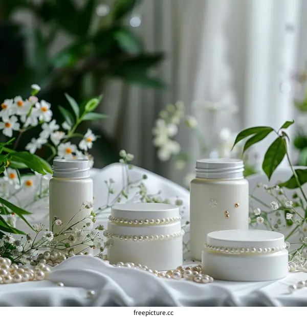 White Cosmetic Bottles with Pearls and Flowers