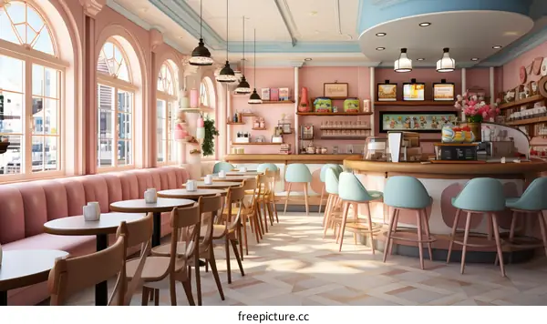 A Pastel Cafe Interior with Pink and Blue Accents