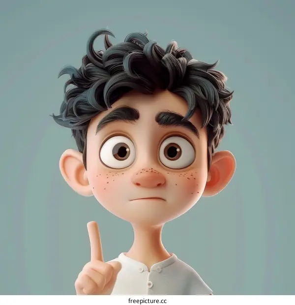 3D illustration of a boy with curly black hair and brown eyes