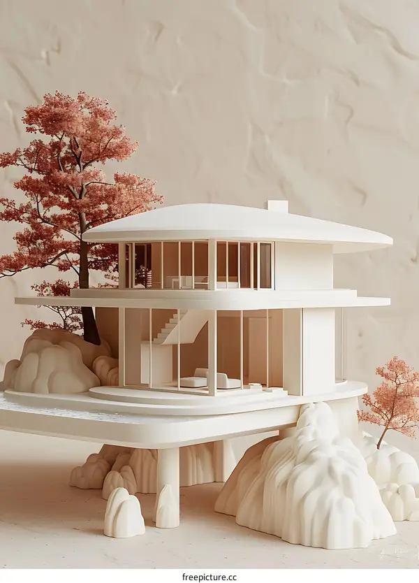 A modern house with a curved roof and a large balcony