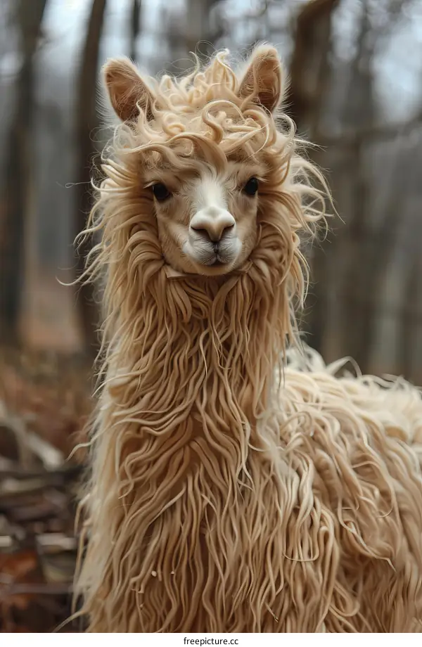 A fluffy white llama standing in a forest