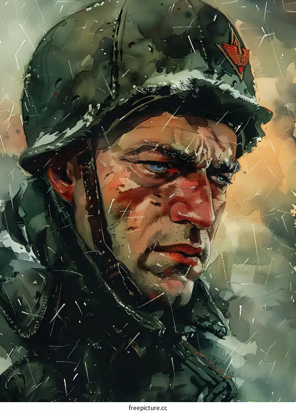 Portrait of a Weathered Soldier in the Rain