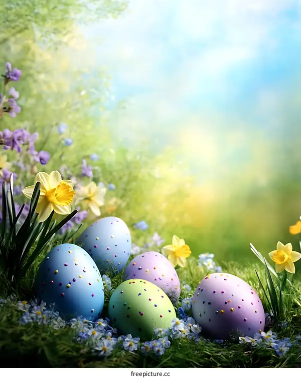 Colorful Easter Eggs in Spring Meadow