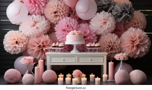 Pink and Gray Birthday Party Decorations with Cakes and Cupcakes