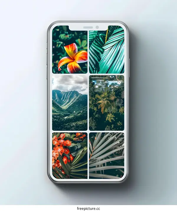 Smartphone Screen Displaying Tropical Nature Photos