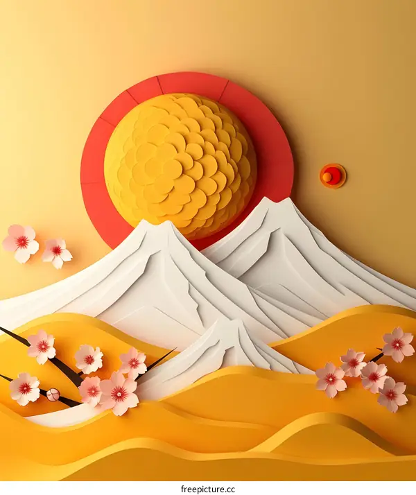 Mount Fuji and cherry blossoms in the setting sun