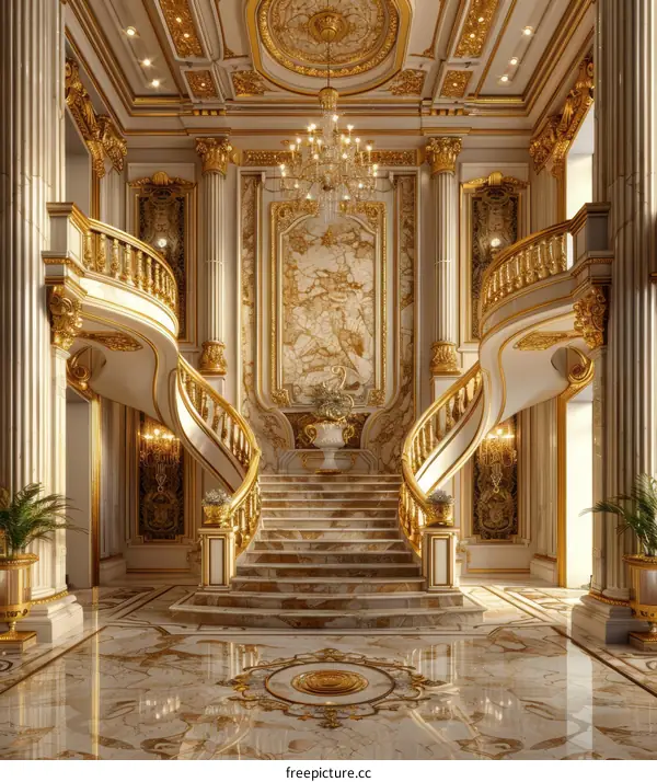 A Luxurious Staircase with Golden Handrails and White Marble Floors