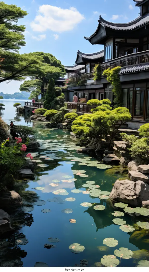 Tranquil Oriental Temple by the Lake