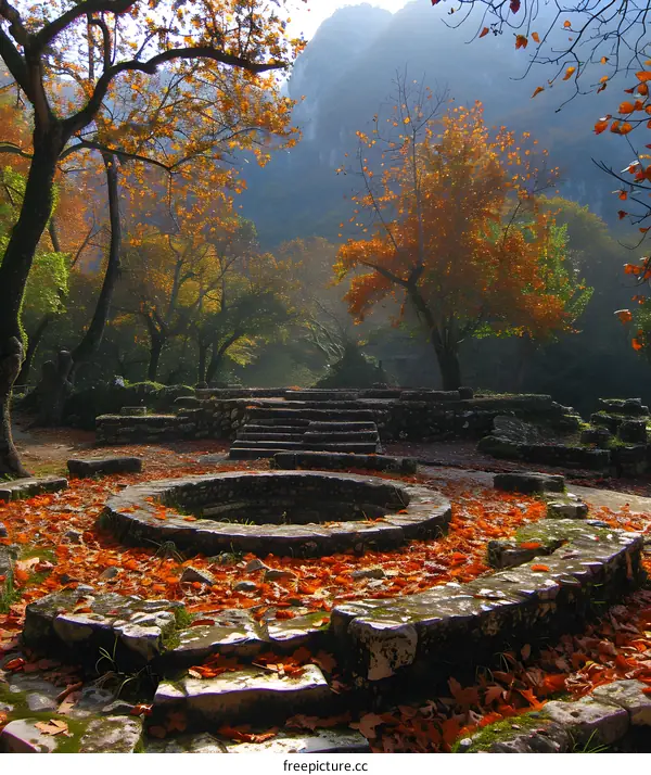 The stone remains of an ancient theater are surrounded by fallen leaves in autumn.