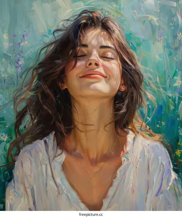 portrait of a beautiful young woman with long brown hair smiling with her eyes closed