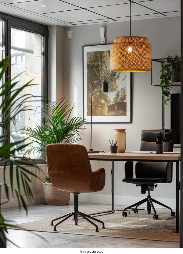 Stylish home office interior with leather chair, plants and woven lamp