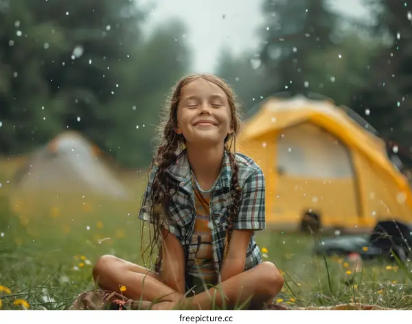 Little girl enjoying the rain in the forest
