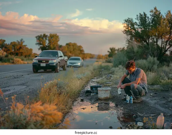Man蹲在路边水坑旁清洗颜料盒