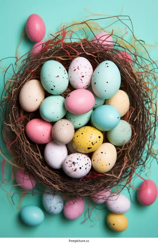 A variety of colorful Easter eggs in a nest on a blue background