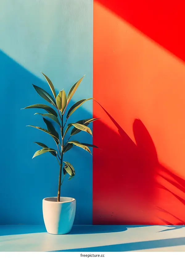 Green Plant in White Pot Against Blue and Red Wall