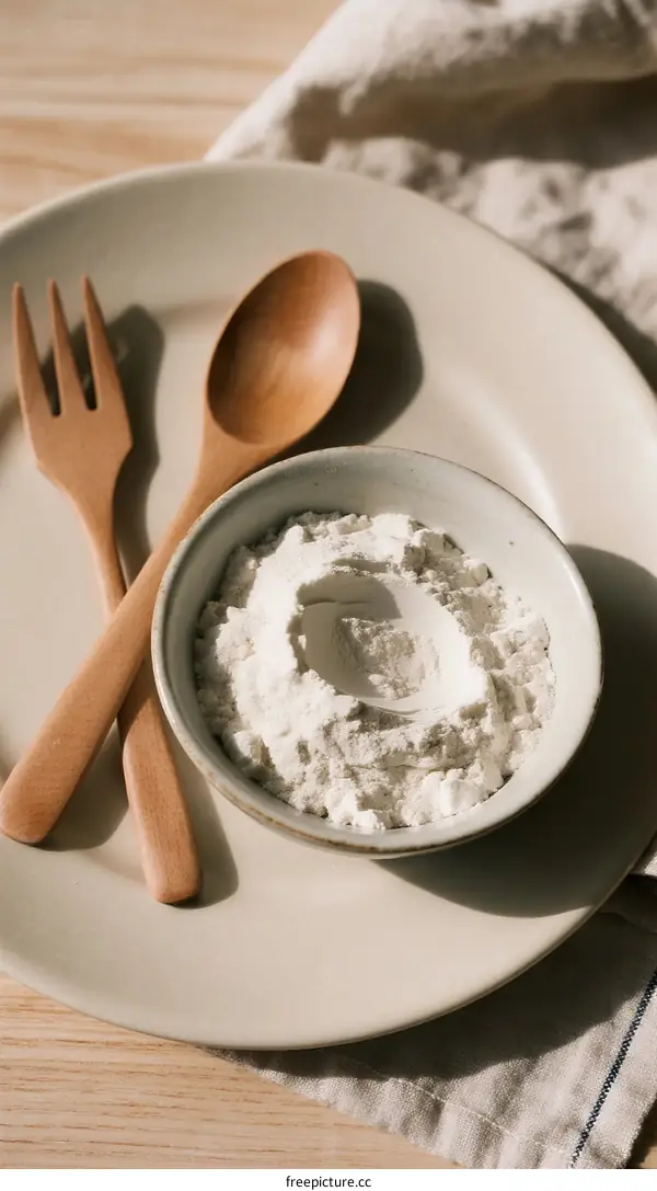 Close-up of wooden utensils with bowl of white powder on plate