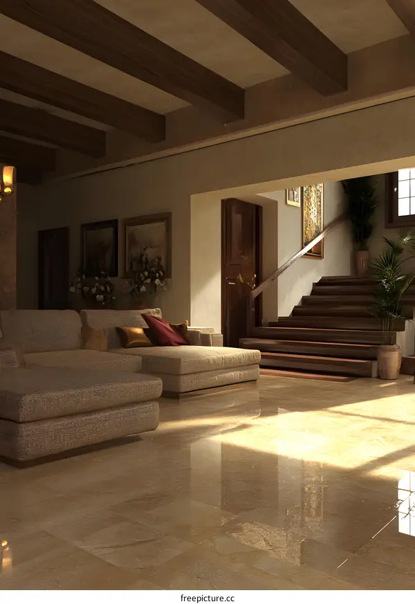 Modern Living Room With Wooden Beams And  Stairs