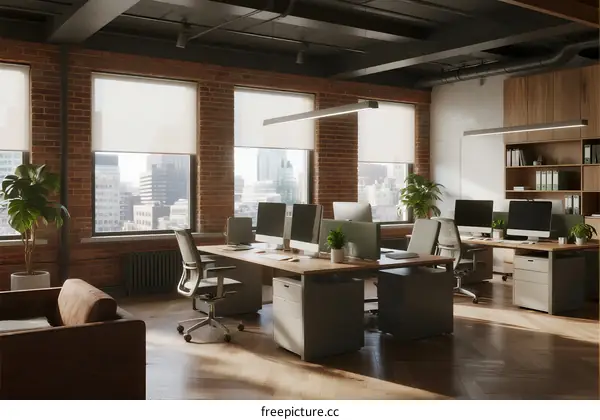 Modern office space with large windows and workstations