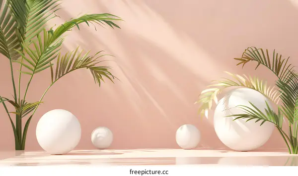 Minimalist Summer Background with Palm Leaves and White Spheres