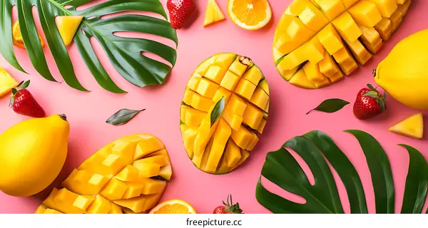 Tropical Fruits Flat Lay Photography on Pink Background