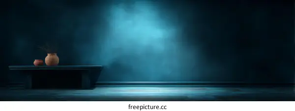 Empty Dark Teal Room with Pottery Vessels