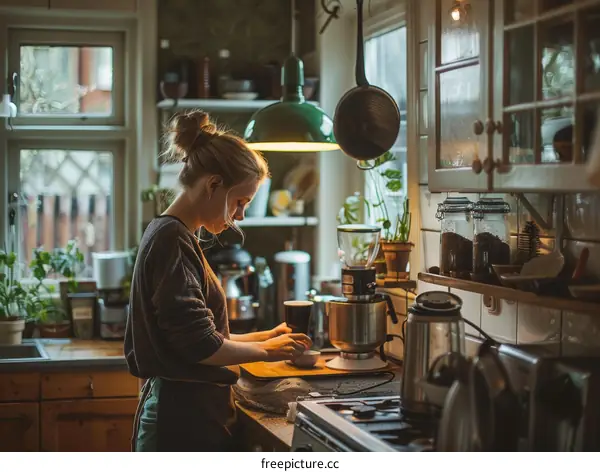 Young woman making coffee in a cozy kitchen