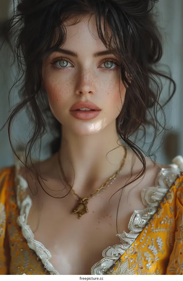 portrait of a beautiful young woman with freckles and green eyes