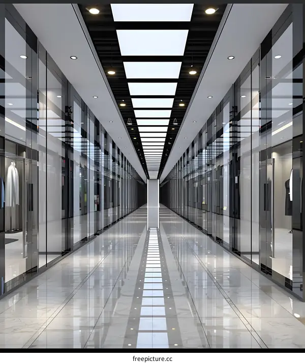 Modern Minimalist Long Corridor Interior Design with Glass Walls and White Tile Floor