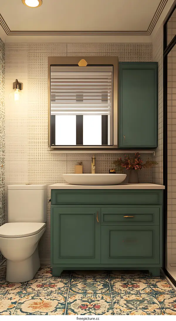 Green Bathroom Vanity With Vintage Tile Floor