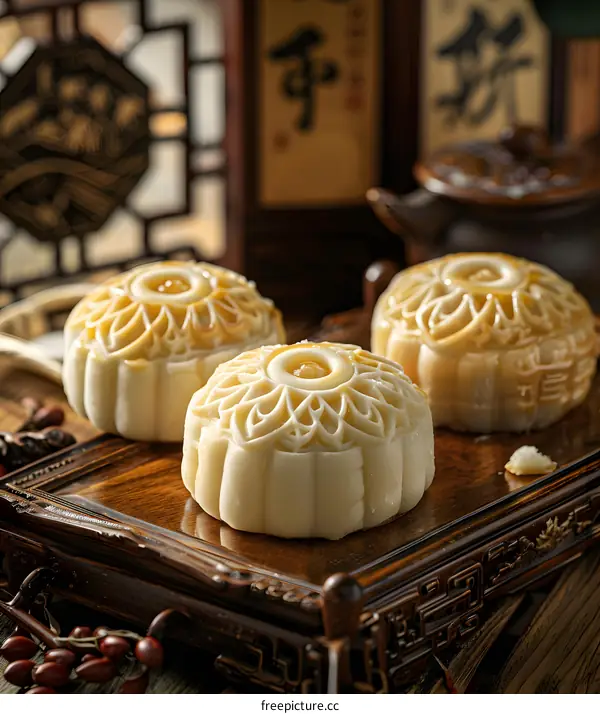 Traditional Chinese Moon Cakes on Wooden Tray