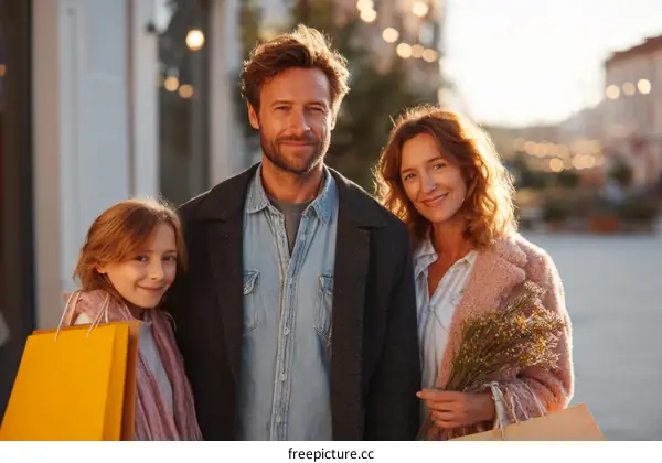 Happy family shopping on a city street