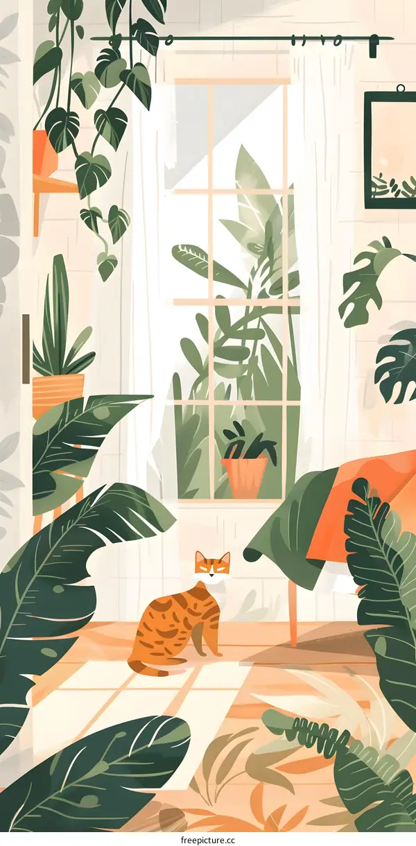 Cat In A Room With Plants Illustration