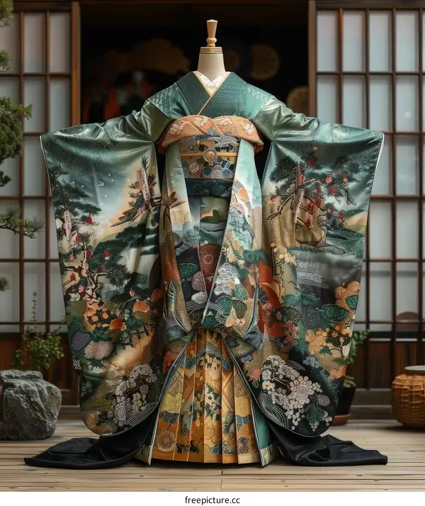 A kimono with a pattern of a pine tree and a crane
