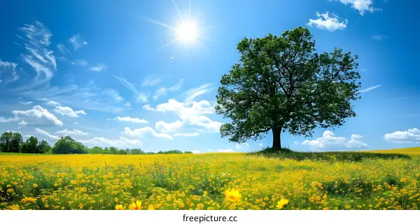 tree in the middle of a field full of yellow flowers under blue sky