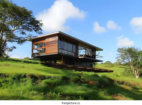 Modern House with Large Windows and Deck in Green Grass Field