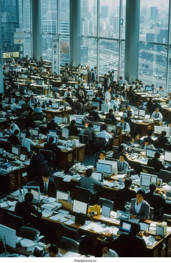 Japanese office workers in a busy office environment