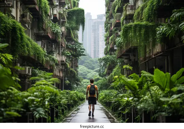 lush green city with a man walking down a path