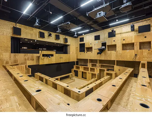 Modern Auditorium Interior Design with Wooden Walls and Seating