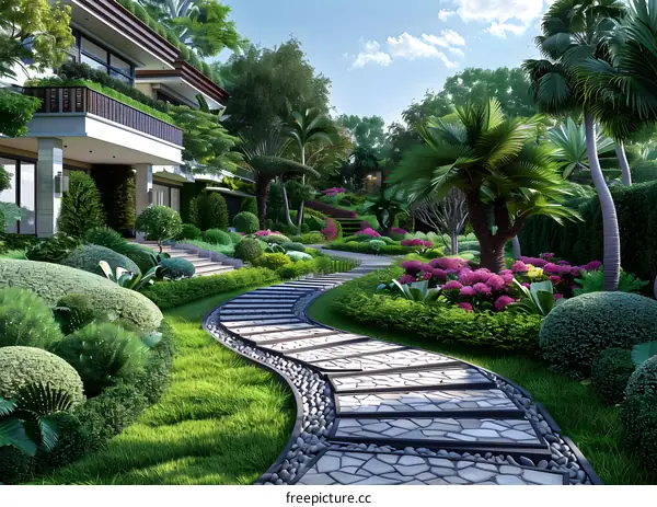 Stone path through a tropical garden