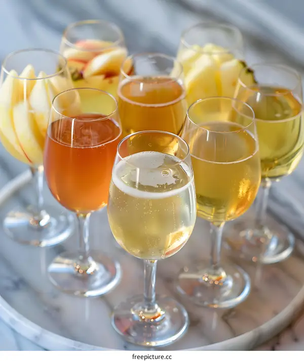 Assortment of Sparkling Apple Cider in Wine Glasses