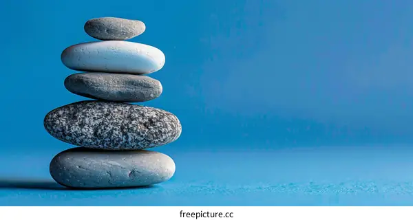Pebbles Balanced on Blue Background with Copy Space