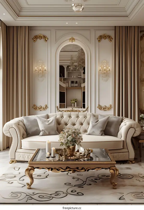 Ornate living room interior with sofa and coffee table
