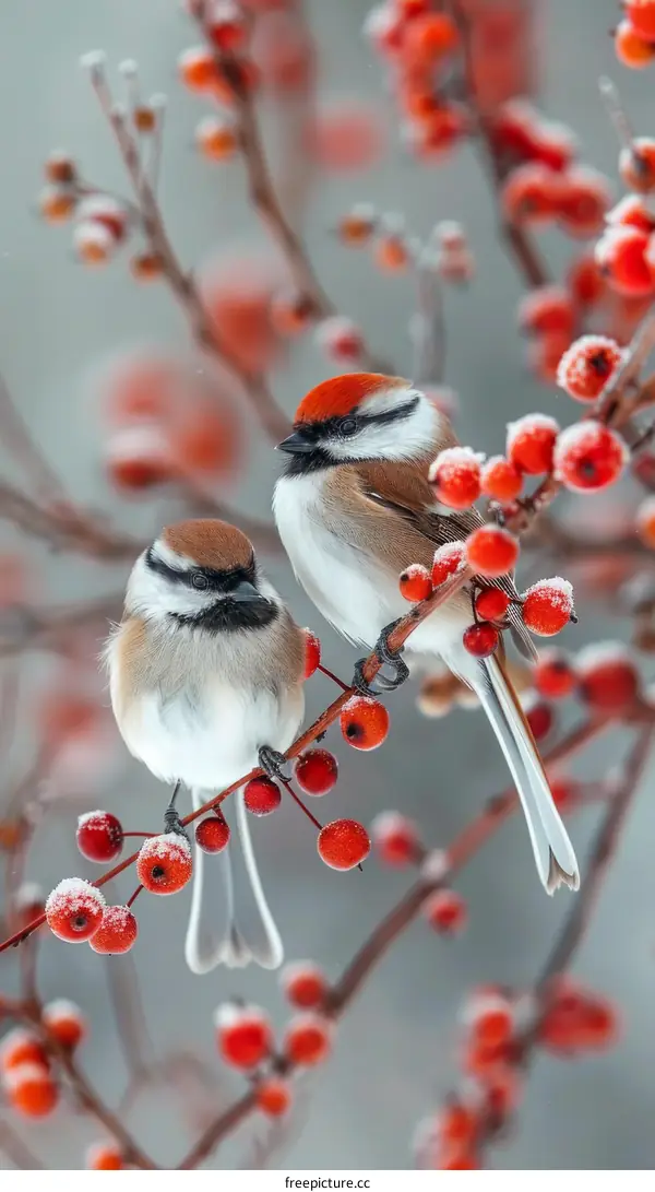 Two birds on a branch with red berries in the winter