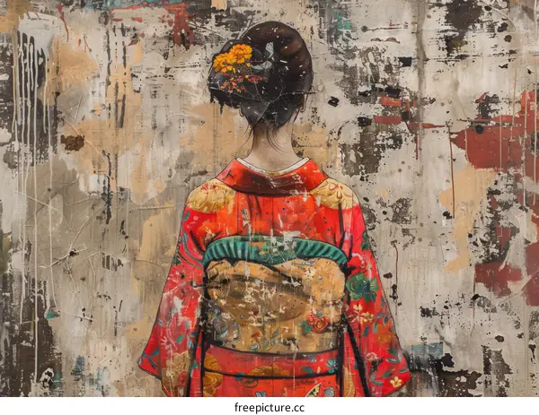 A woman wearing a red kimono with a floral pattern and a yellow obi standing in front of a weathered wall