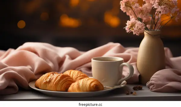 A cup of coffee and croissants on a table with a pink cloth